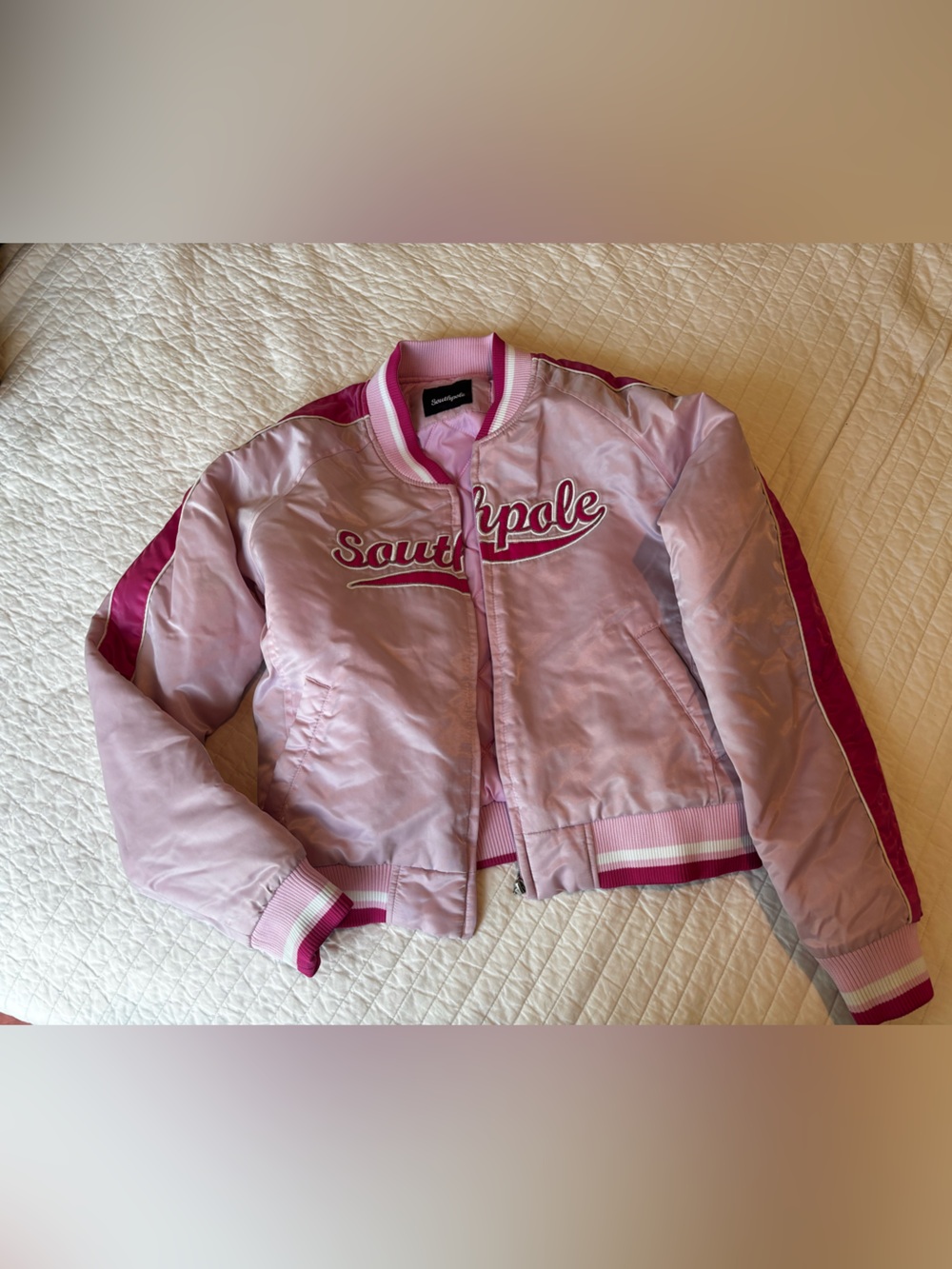 South Pole Pink Satin-Trim Bomber Jacket